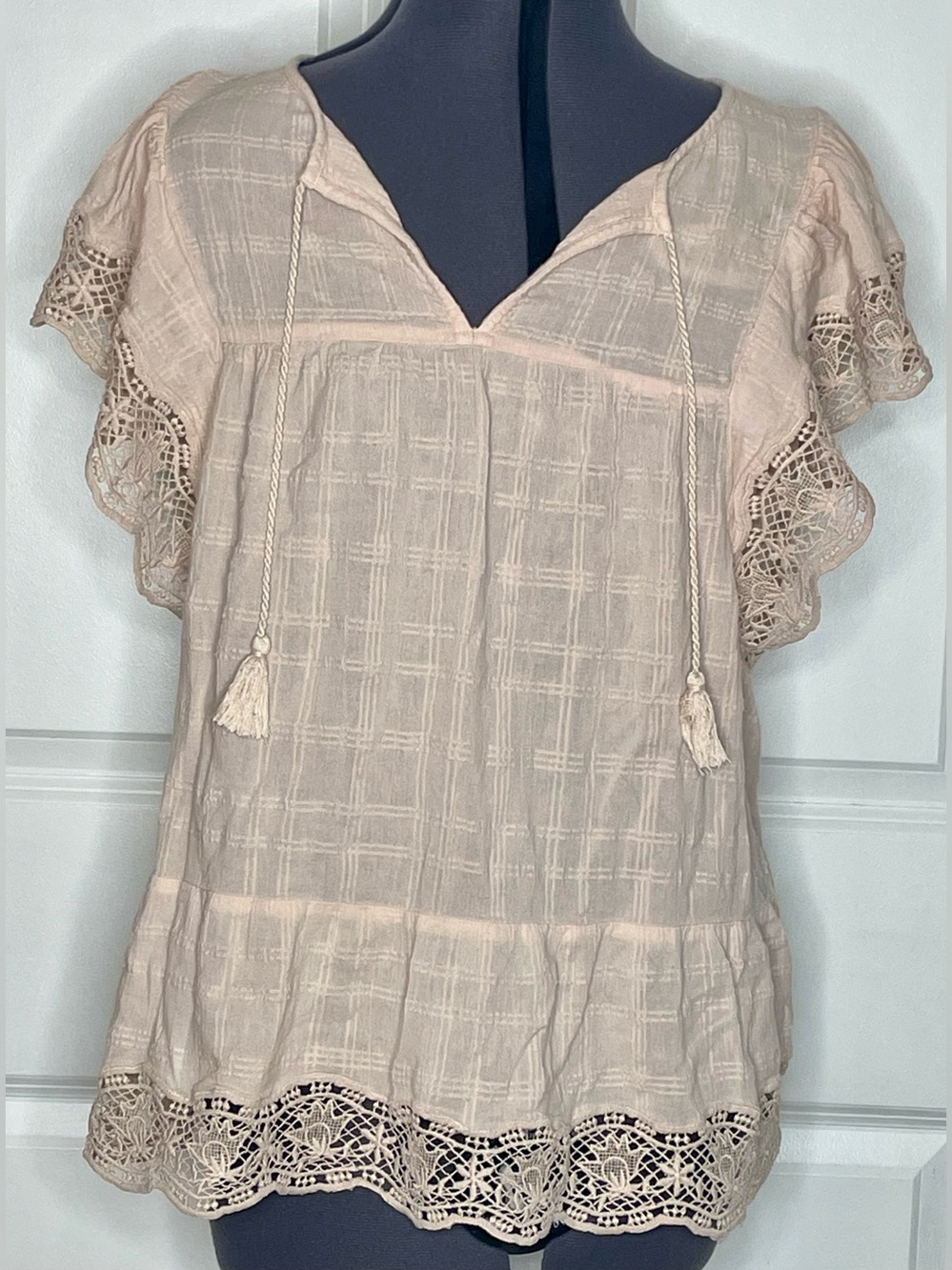 Gap L Shell Peach Crochet Lace Flutter Sleeve Boho Cotton Top